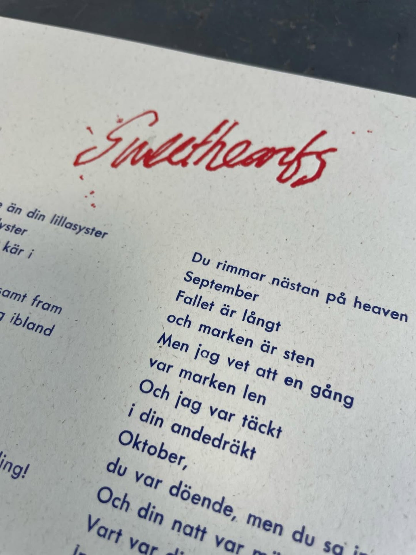 "Sweethearts" Letterpress Lyric Sheet – 102 numrerade exemplar