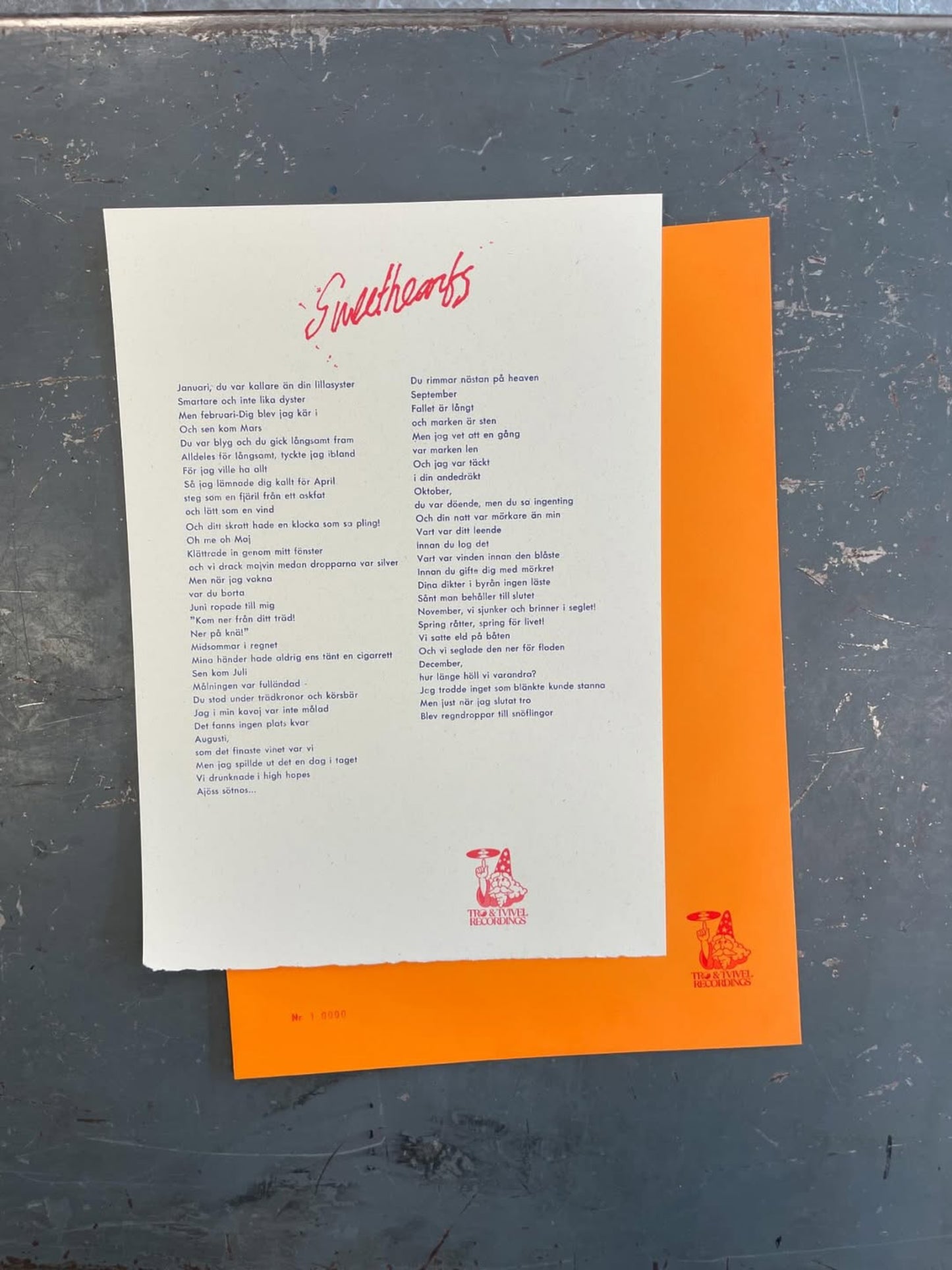 "Sweethearts" Letterpress Lyric Sheet – 102 numrerade exemplar