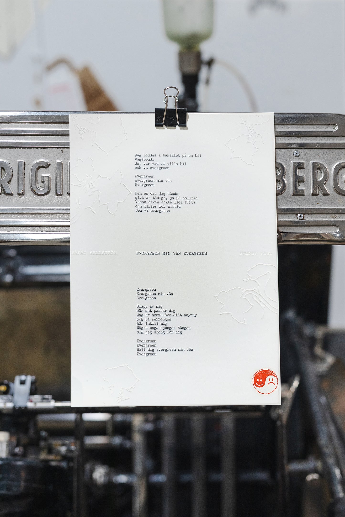 Håkan Hellström – Limiterad Letterpress-tryck med låttext – "Evergreen min vän evergreen" (Handnumrerad, 300 ex)