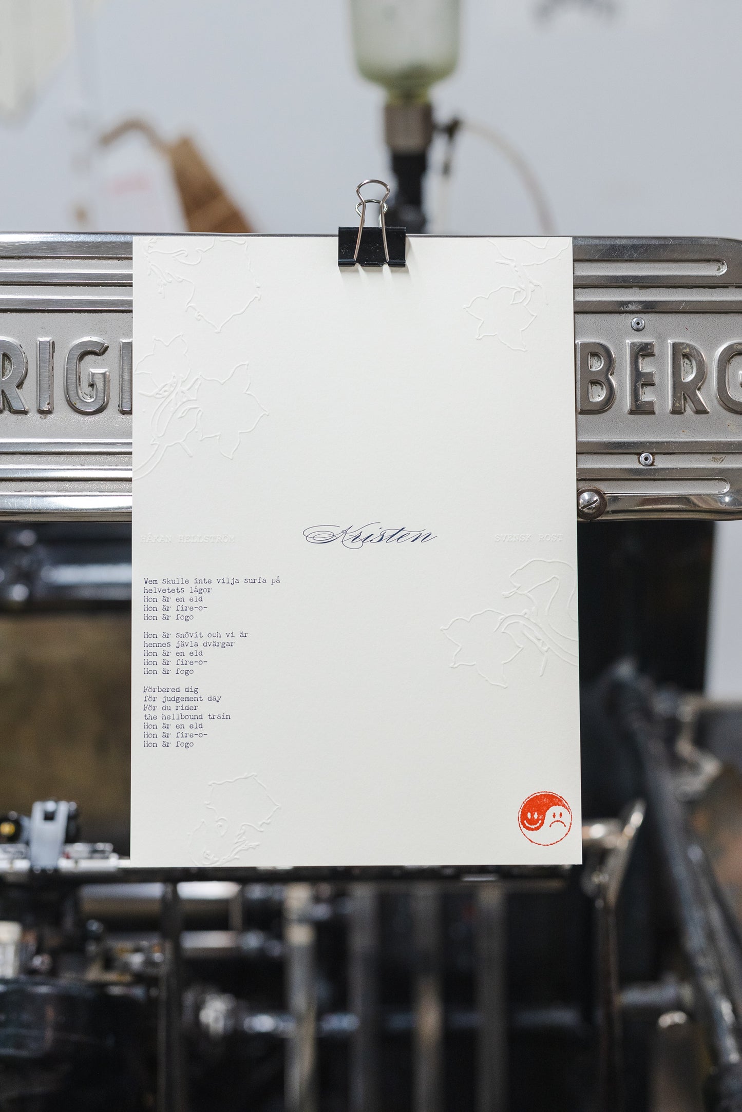 Håkan Hellström – Limiterad Letterpress-tryck med låttext – "Kristen" (Handnumrerad, 300 ex)