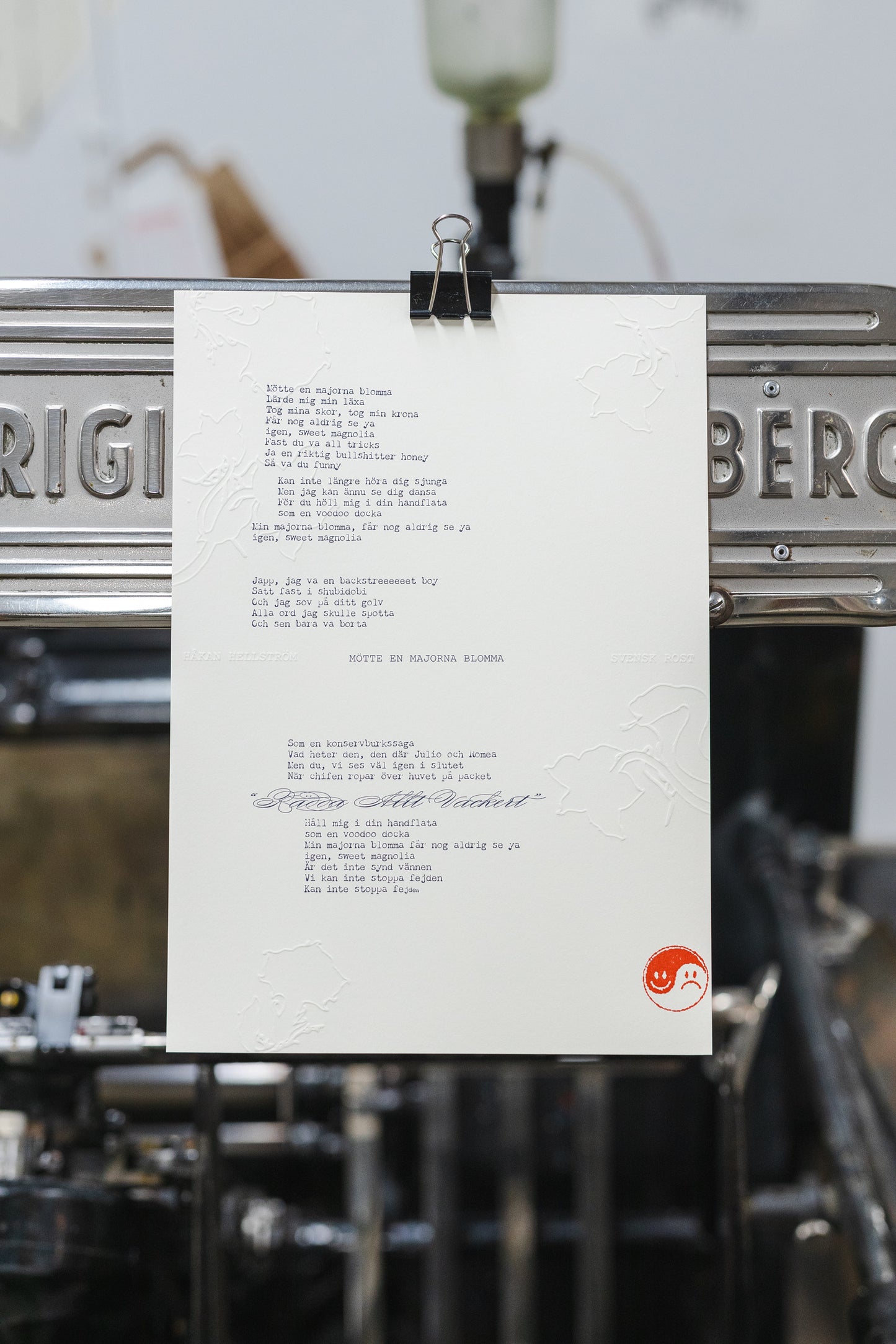 Håkan Hellström – Limiterad Letterpress-tryck med låttext – "Mötte en majorna blomma" (Handnumrerad, 300 ex)